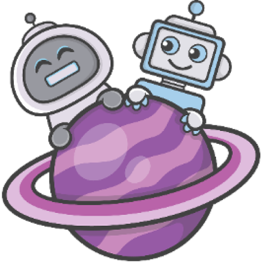 Monti Minds logo: two friendly cartoon robots peeking over a purple ringed planet with a magenta ring
